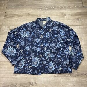 Coldwater Creek Jacket Womens XL Blue Floral‎ Print Button shirt  Cotton Pockets